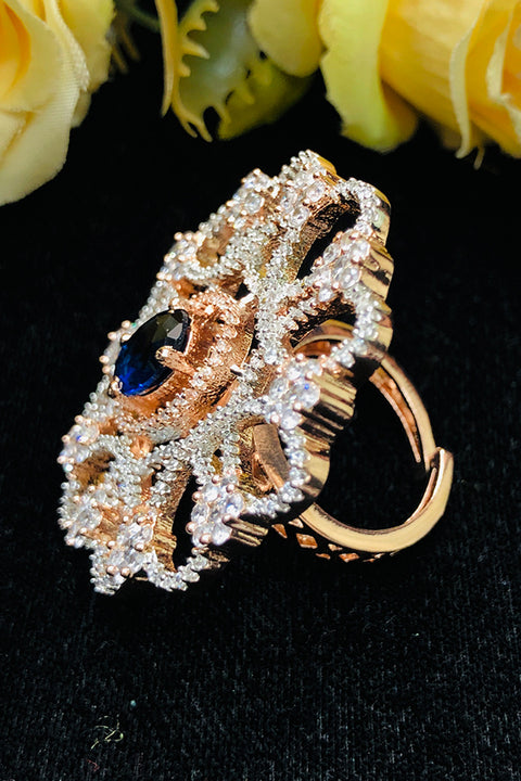 Gold Plated Blue Color Stone American Diamond Beautiful Ring (D219)