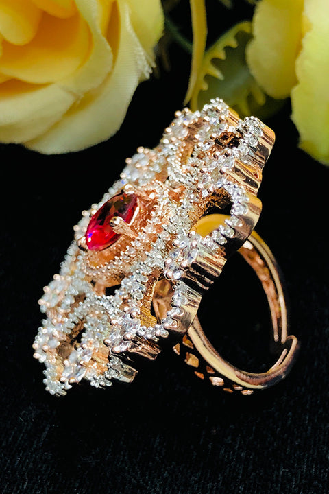 Gold Plated Red Color Stone American Diamond Beautiful Ring (D220)