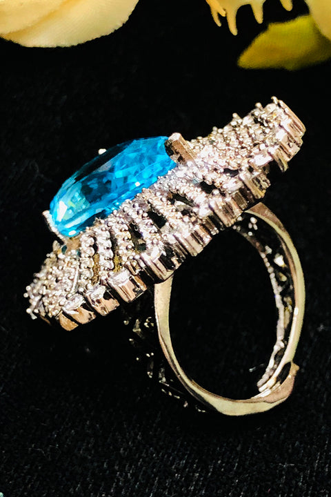 Silver Plated Blue Color Stone American Diamond Ring (D221)