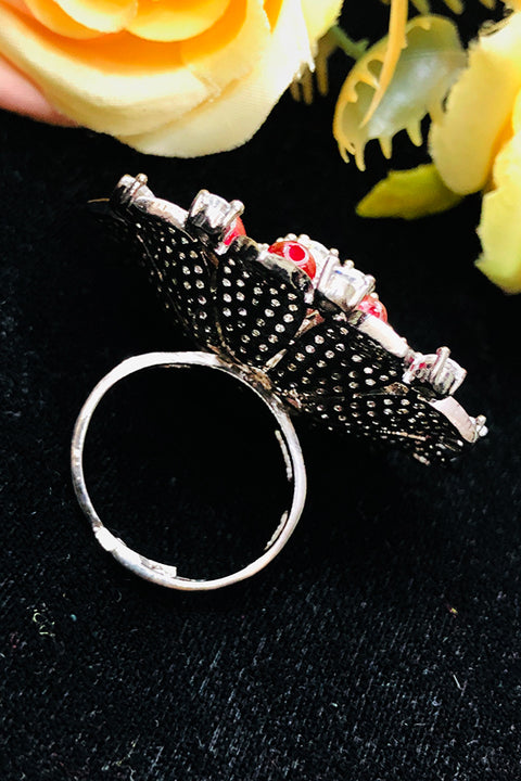 Silver Plated Red Color Stone American Diamond Floral Ring (D224)