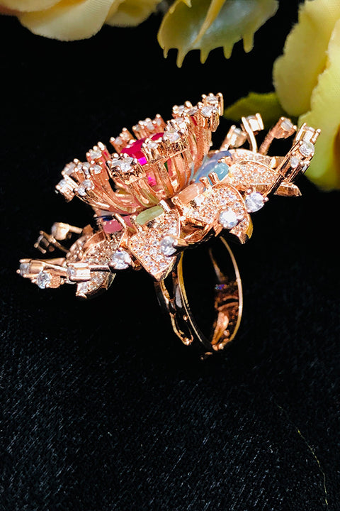 Gold Plated Pink Color Stone American Diamond Beautiful Ring (D226)