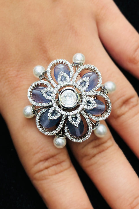 Silver Plated Sapphire American Diamond Floral Ring With Pearl (D230)