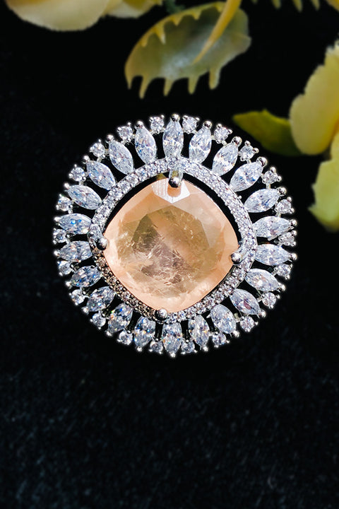 Silver Plated Peach Color Stone American Diamond Ring (D231)