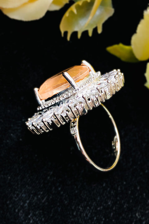 Silver Plated Peach Color Stone American Diamond Ring (D231)