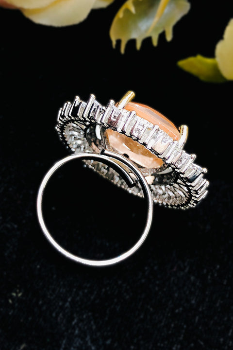 Silver Plated Peach Color Stone American Diamond Ring (D231)