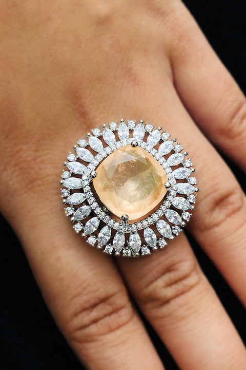 Silver Plated Peach Color Stone American Diamond Ring (D231)