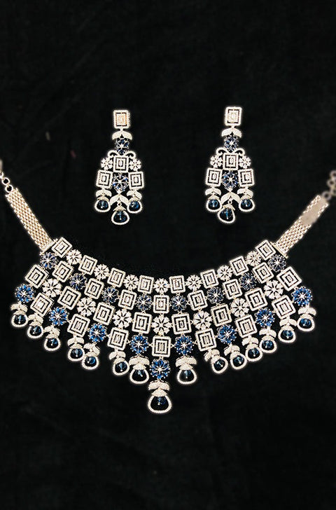 Designer Semi-Precious American Diamond & Blue Sapphire Necklace with Earrings (D804)