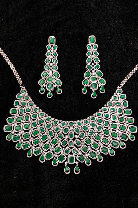 Designer Semi-Precious American Diamond & Green Emerald Necklace with Earrings (D805)