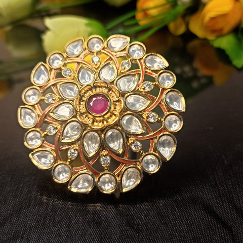 Designer Gold Plated Royal Kundan Ruby Beaded Ring (Design 191)