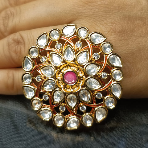 Designer Gold Plated Royal Kundan Ruby Beaded Ring (Design 191)