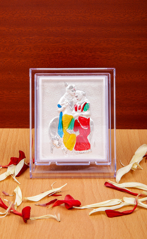 Radha Krishna with Cow Silver Frame for Housewarming, Gift and Pooja 4.2 x 3.5 Inches (D55)