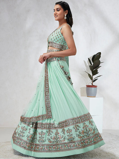 Seagreen Georgette Sequins Thread embroidery Lehenga choli For Party Wear (D391)