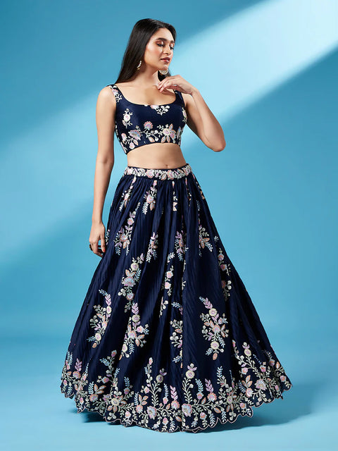 Navy Blue Pure Georgette Thread & Sequins Work Lehenga For Party Wear (D349)
