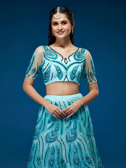 Sea Green Net Embroidered Floral Lehenga For Party Wear (D338)