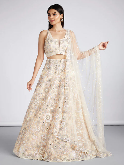 Cream Net Heavy Sequined, Mirror and thread work embroidery Lehenga For Party Wear (D344)