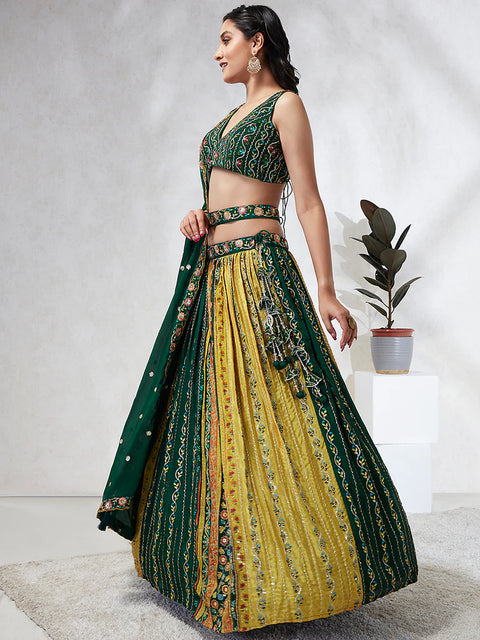 Green & Mustard Yellow Print Chiffon with Sequins Embroidery Lehenga choli (D396)