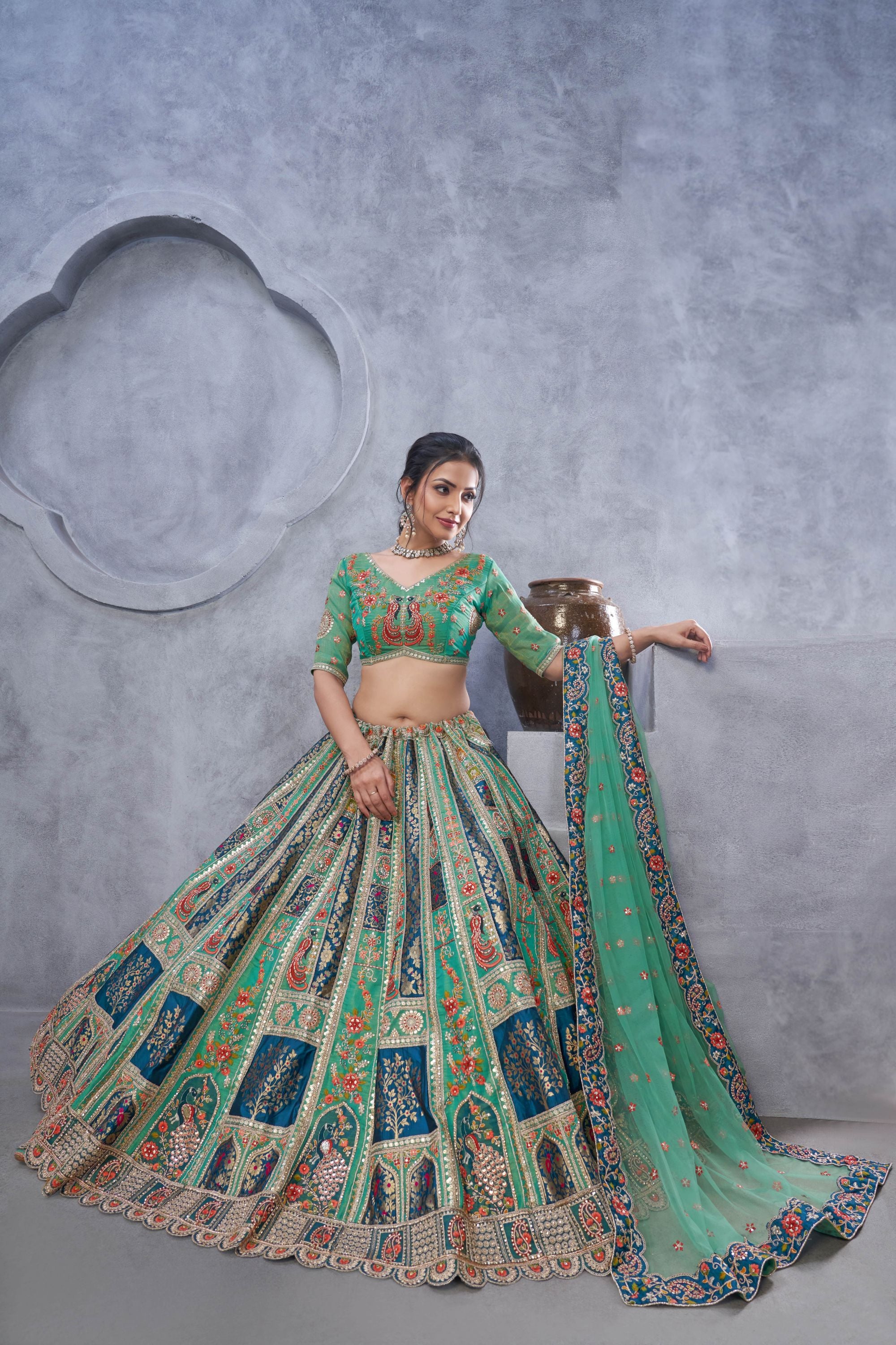 Elegant Women's Green Thread & Sequin Embroidered Lehenga Set– PAAIE