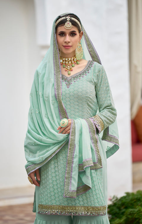 Designer Light Green Color Festive Sharara Suit With Dupatta in Georgette (D962)