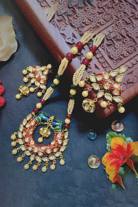 Peacock design Kundan Pearl Necklace Set (D967)