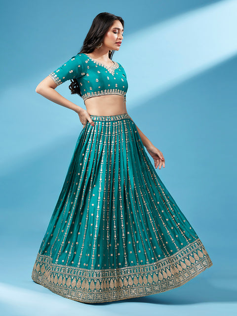 Green Color Pure Georgette Sequins Embroidered Lehenga Choli (D272)