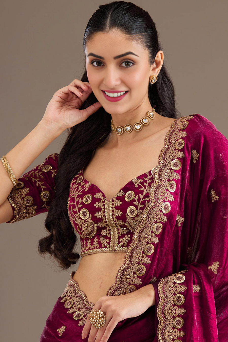 Maroon Color Embellished Sequined Glass Tissue Heavy Work Saree For Party Wear Saree (D997)