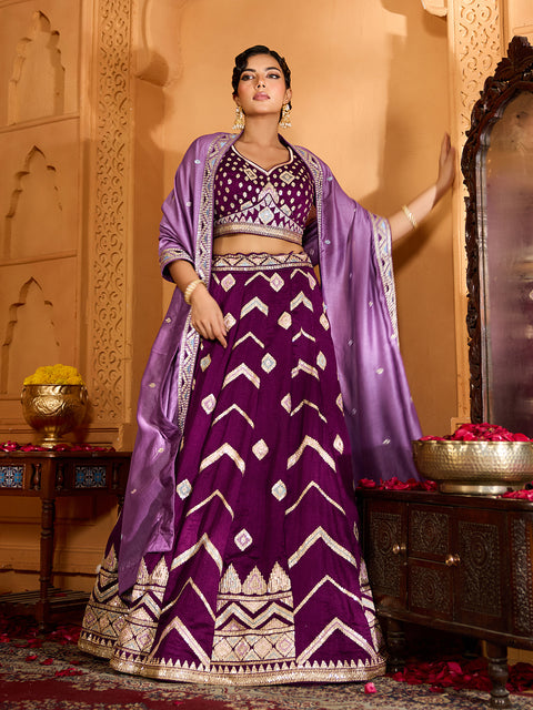 Burgundy-Silk Fabric Sequins embroidery Lehenga & Blouse With Dupatta (D928)