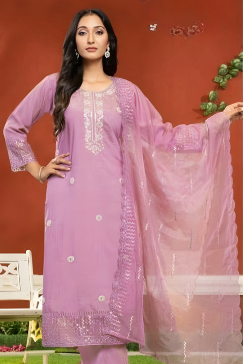 Suit Mauve Pink Colour Silk Sequins Cutdana Work Suit with Pant and Dupatta For Party Wear (D1821)