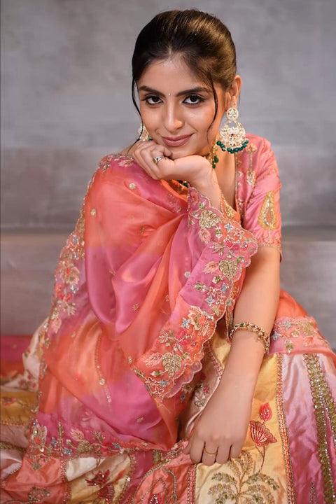 Pretty Pink Silk Intricate Paisley Motifs Traditional Embroidered Wedding Lehenga (D695)