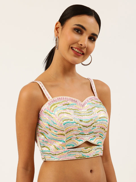 Turquoise Blue-Toned Sequinse work Pure Art Silk Readymade Blouse For Wedding & Party Wear (Design 1640)