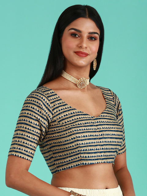 Navy Blue-Toned Cotton Silk Tribal Pattern Print Readymade Blouse (Design 1644)