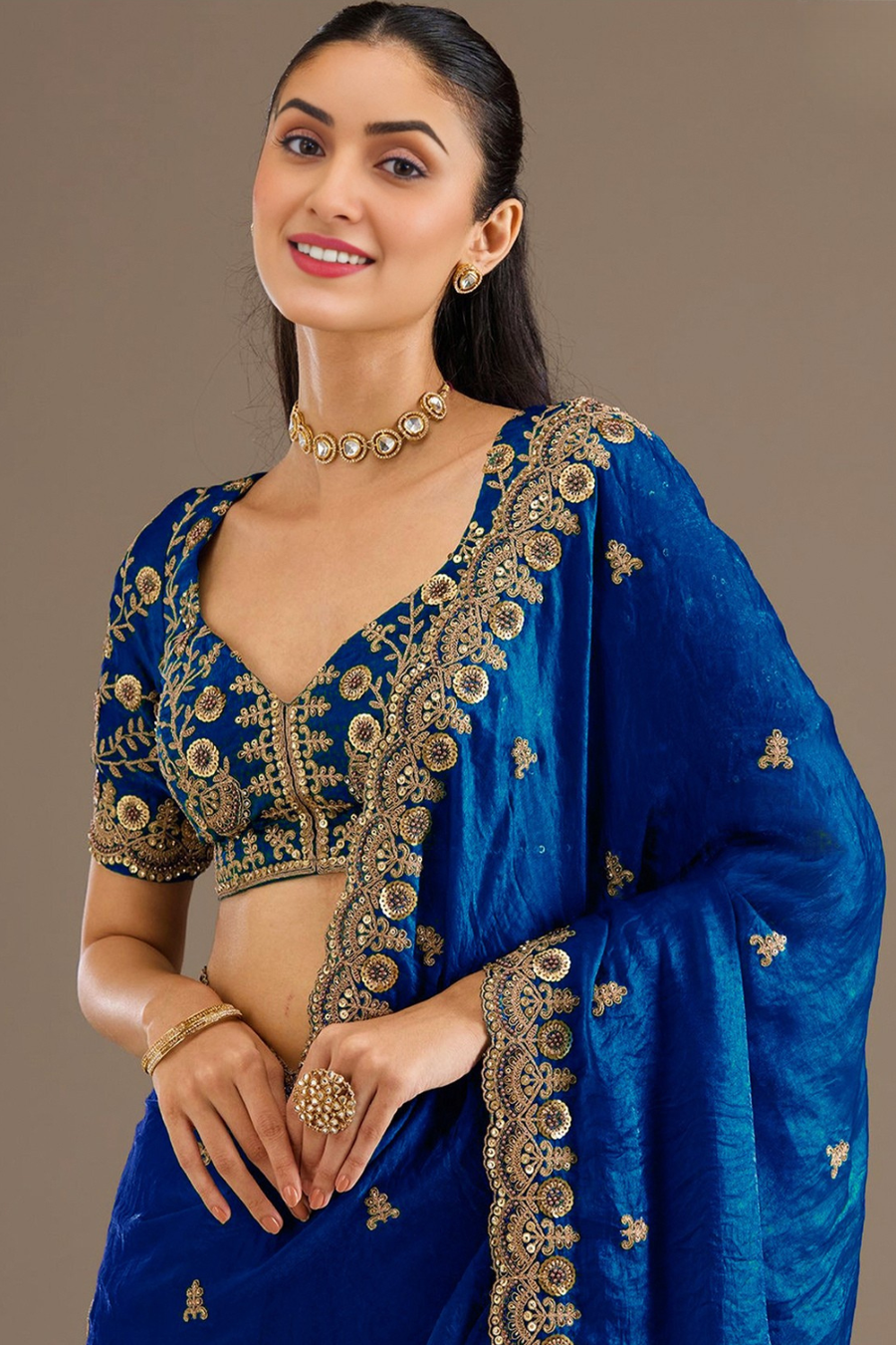 Royal Blue Embellished Sequined Glass Tissue Heavy Work Saree For Party Wear Saree (D996)