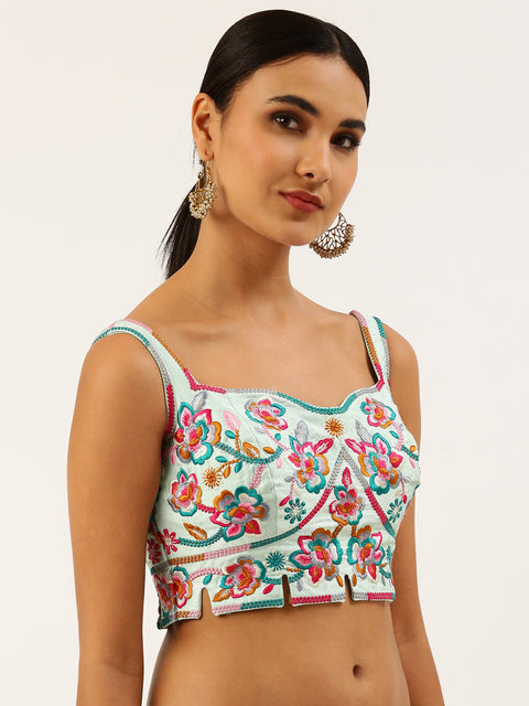Turquoise Blue-Toned Thread Work Pure Art Silk Readymade Blouse For Wedding & Party Wear (Design 1635)