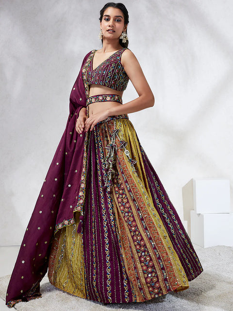 Burgundy & Mustard Yellow Print Chiffon with Sequins Embroidery Lehenga choli (D397)