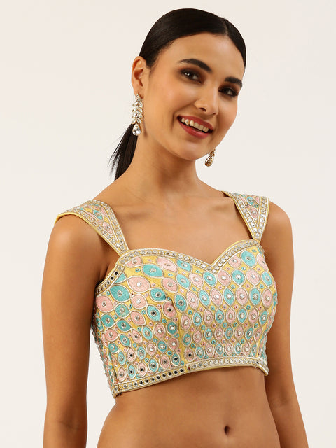 Lemon Yellow-Toned Mirror Work Pure Art Silk Readymade Blouse For Wedding & Party Wear (Design 1639)