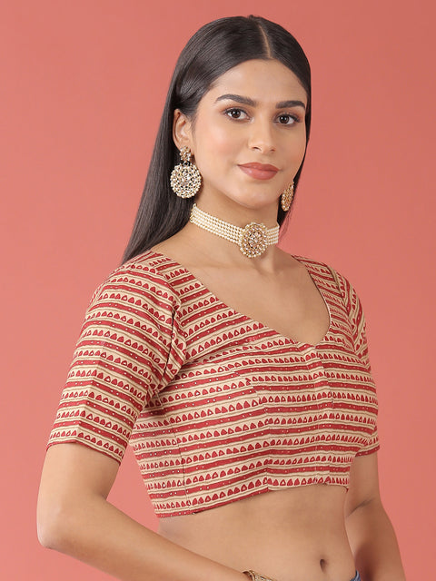 Maroon-Toned Cotton Silk Tribal Pattern Print Readymade Blouse (Design 1643)