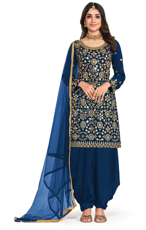 Designer Blue Color Embroidery & Mirror Work Readymade Salwar Suit in Silk (D926)