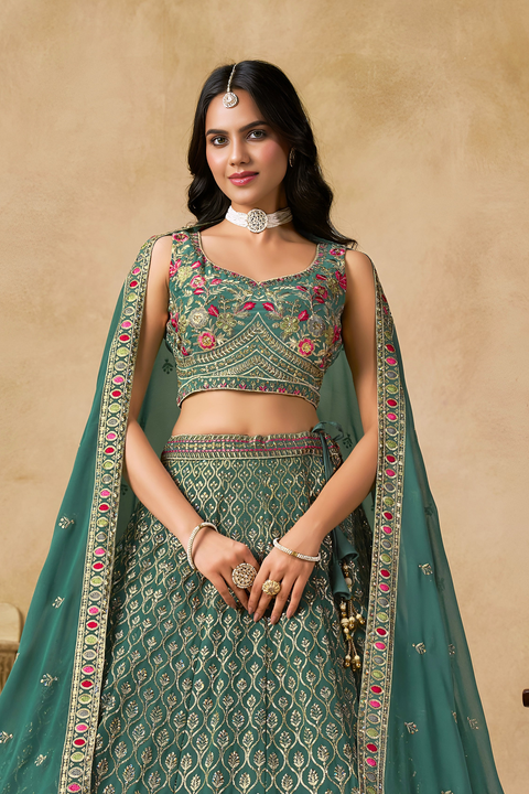 Impressive Dark Green Zari Embroidery Georgette Mehendi Wear Lehenga Choli (D1029)