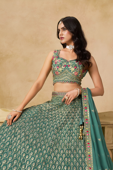 Impressive Dark Green Zari Embroidery Georgette Mehendi Wear Lehenga Choli (D1029)
