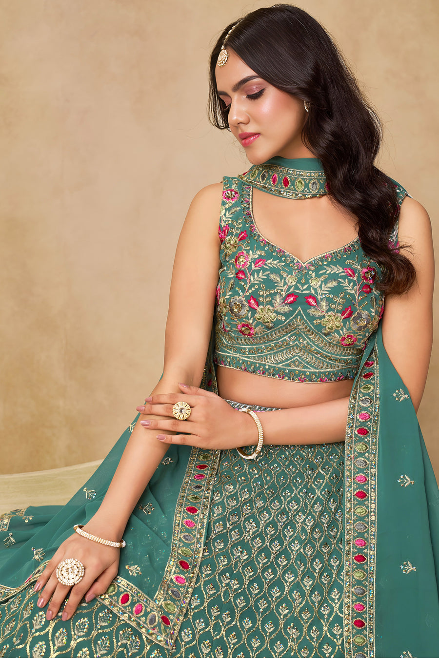 Impressive Dark Green Zari Embroidery Georgette Mehendi Wear Lehenga Choli (D1029)