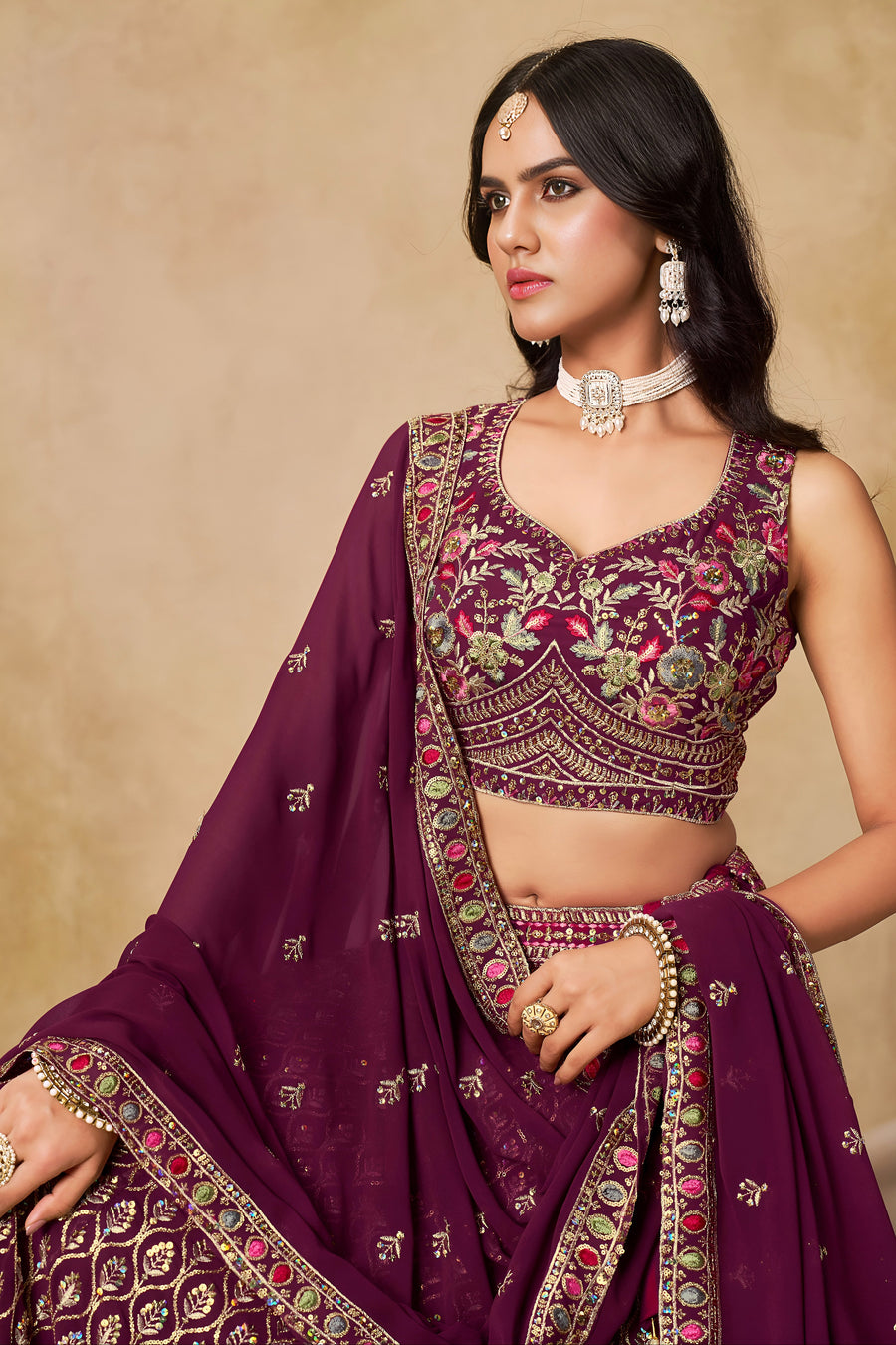 Spectacular Maroon Lehenga Choli – Georgette Sequins Embroidery Wedding Lehenga (D1025)