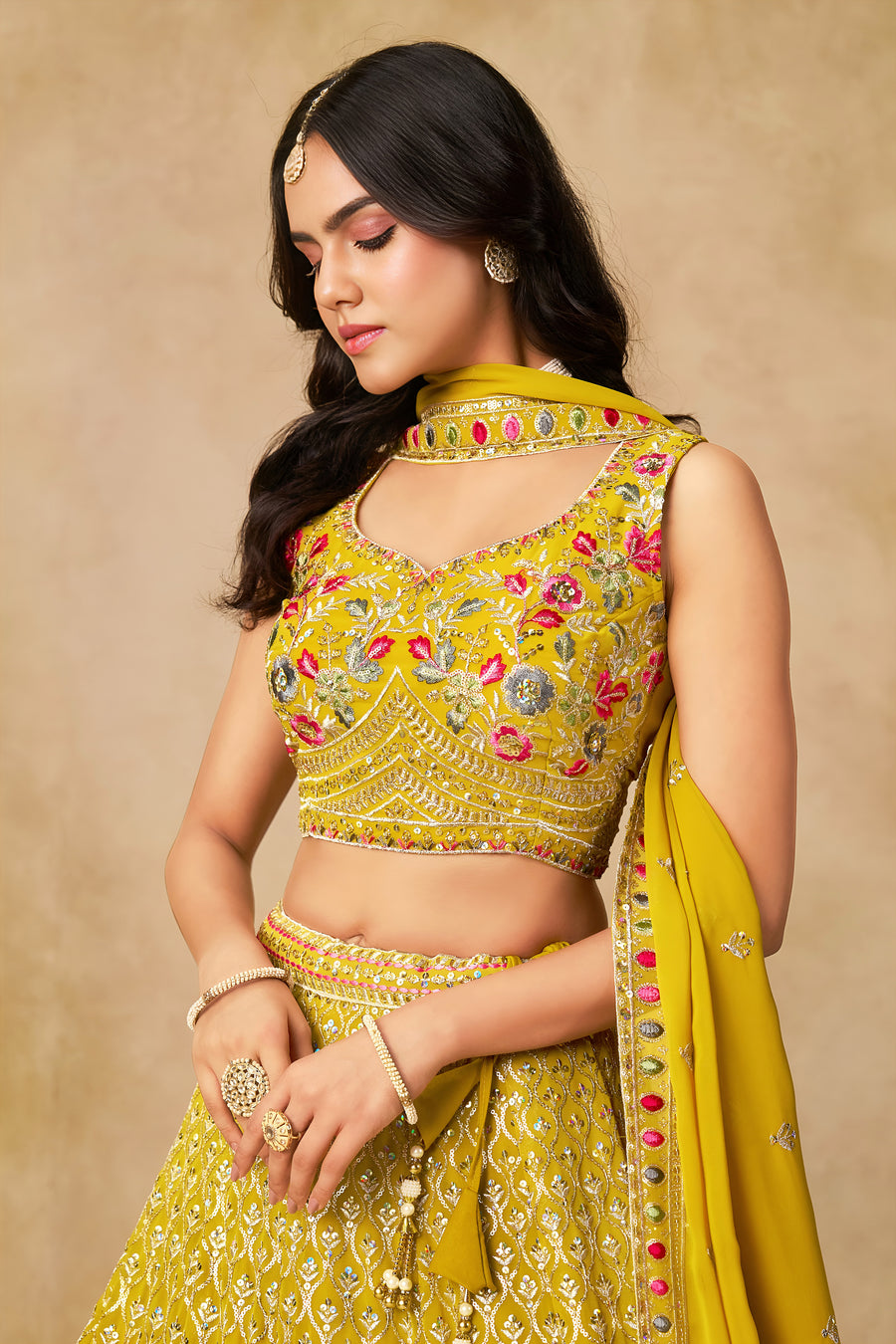 Incredible Yellow Embroidered Georgette Haldi Wear Lehenga Choli With Dupatta (D1027)