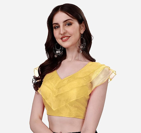 Golden Color Fancy Frill Blouse in Organza For Party Wear (D1512)