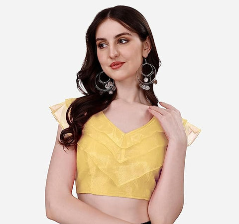 Golden Color Fancy Frill Blouse in Organza For Party Wear (D1512)