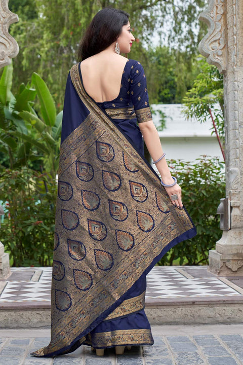 Eye-catching Navy Blue Color Party Wear Banarasi Silk Designer Saree - PAAIE