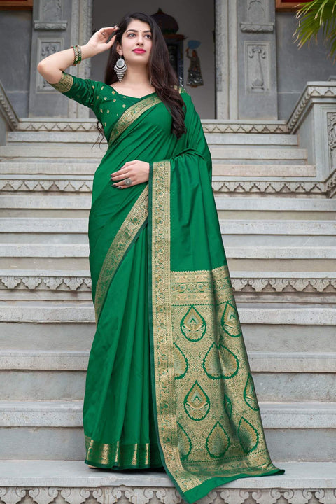 Emerald Green Color Party Wear Banarasi Silk Designer Saree - PAAIE