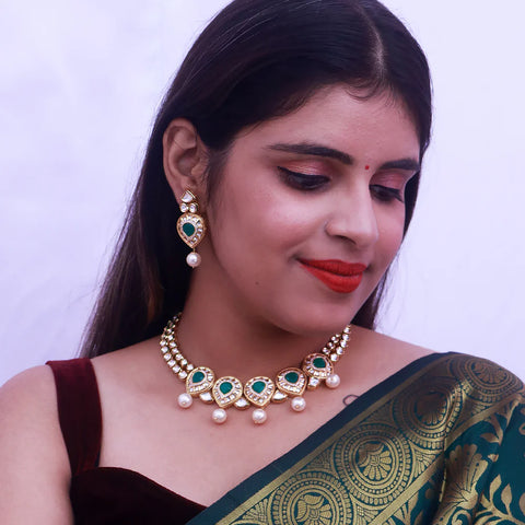 Designer Gold Plated Kundan & Ruby Necklace with Earrings