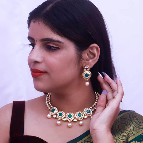 Designer Gold Plated Kundan & Ruby Necklace with Earrings