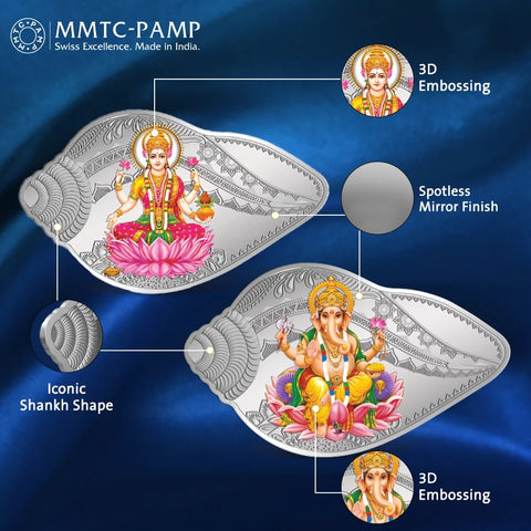 999 Silver Purity Laxmi Ganesh Shankh Design 25+25 Grams Coin (2 Set Coins) (D59)