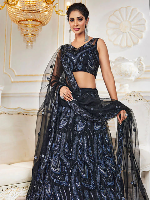 Black Net Embroidered Floral Lehenga For Party Wear (D336)