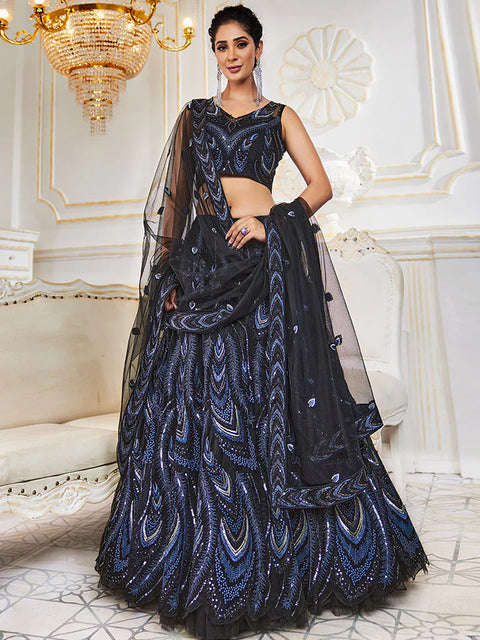 Black Net Embroidered Floral Lehenga For Party Wear (D336)